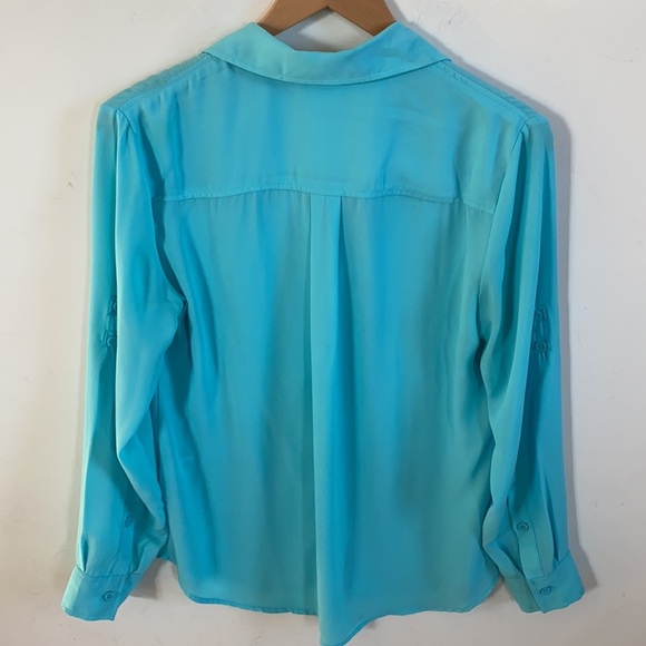 New York & Co. Teal long sleeve blouse with 3/4 roll tab sleeves, size M - Picture 5 of 5